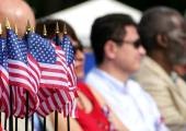 US Flags Among a Crowd