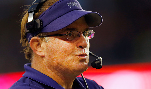 Gary Patterson looks on as the Baylor Bears push the ball down field late in the fourth quarter at McLane Stadium on October 11, 2014 in Waco, Texas.  (Photo by Tom Pennington/Getty Images)