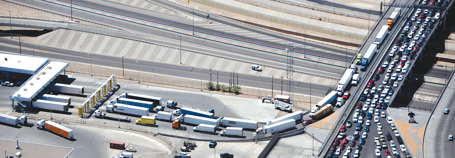 Aerial view of a Texas/Mexico border crossing.