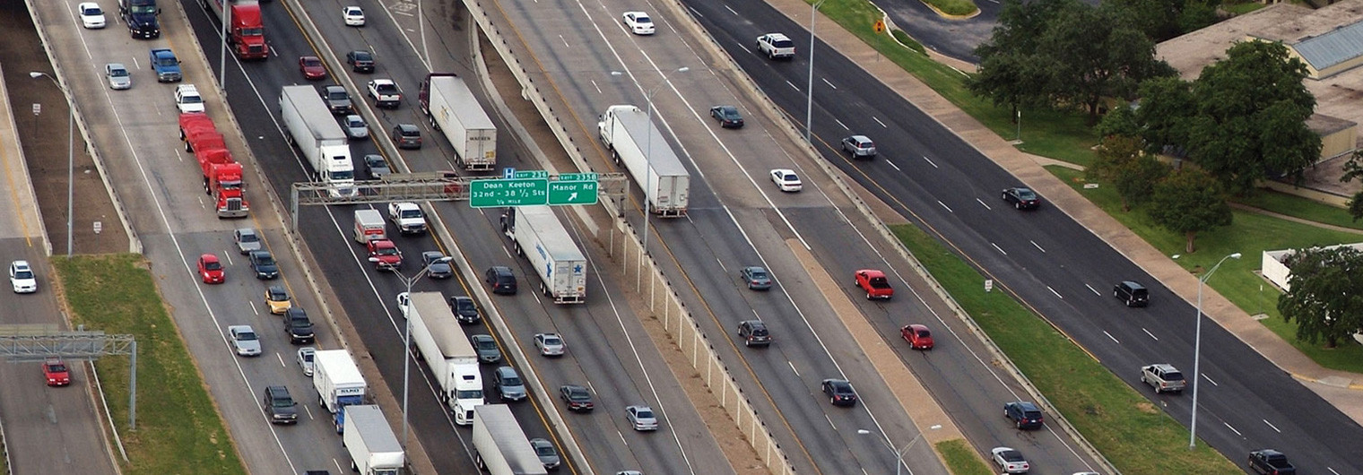 Aerial view of traffic congestion on I-35 in Austin, Texas.
