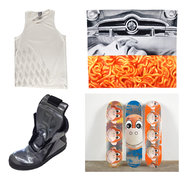 From top left, clockwise, a Rochambeau tank top ($380), a towel designed by James Rosenquist ($95), limited-edition skateboards from Jeff Koons, Airball x Rick Owens sneakers ($1400).