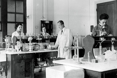 Sonia Cotelle (left) and Marguerite Perey (second from left) at the Curie laboratory in 1930. Each died from radiation exposure.