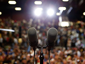 A view shows the microphone used by U.S. President Barack Obama at a Labor Day campaign event at Scott High School in Toledo, Ohio September 3, 2012. Caption|REUTERS/Larry Downing