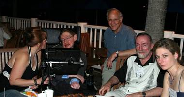 Renowned British theoretical physicist Stephen Hawking enjoys a barbecue on Jeffrey Epstein's Caribbean island Little St James while attending a conference on gravity organised for 21 of the world s top physicists by Epstein's foundation on neighbouring island St Thomas in March 2006. Epstein hosted the scientists on his island. Also pictured are leading scientists George Church (second from right) and Lisa Randall (far right)