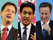 Nick Clegg, Liberal Democrats, Ed Miliband, Labour, and David Cameron, Conservatives