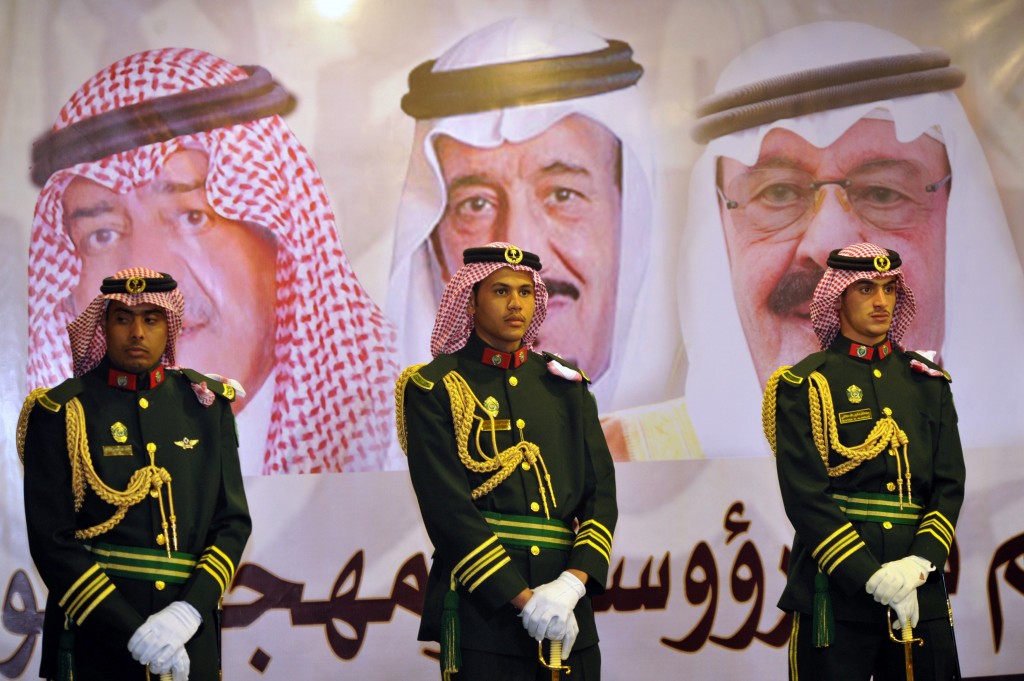 Saudi royal guards stand on duty during the Janadriya culture festival at Der'iya in Riyadh