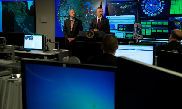 President Obama, with Jeh Johnson, the secretary of Homeland Security, visited the National Cybersecurity and Communications Integration Center in Arlington, Va., on Tuesday, a day after   hackers claiming to be working on behalf of the Islamic State took over the Twitter and YouTube accounts of the United States Central Command.