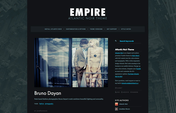 Empire — Atlantic Noir
To demonstrate the flexibility of the Atlantic Noir theme, we setup a darker yet still elegant demo site, Empire.  Every bit of customization you see in the Empire demo is possible through the appearance menu without a single theme HTML edit.