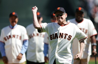 Retired San Francisco Giants' All-Star pitcher Stu Miller threw out the first pitch at the team's home opener in 2007. Wind was not a factor. (Jed Jacobsohn/Getty Images)