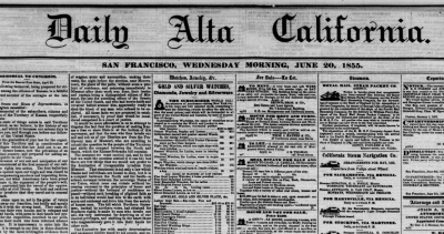 Front page of San Francisco's Daily Alta California, June 20, 1855.