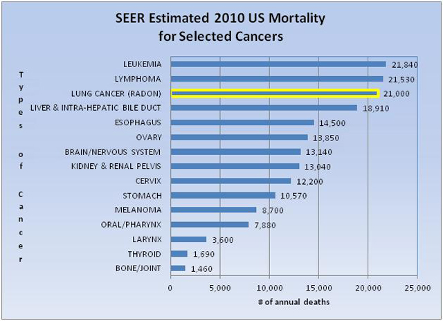 compares EPA estimates of the annual radon-related lung cancer deaths to other selected cancers