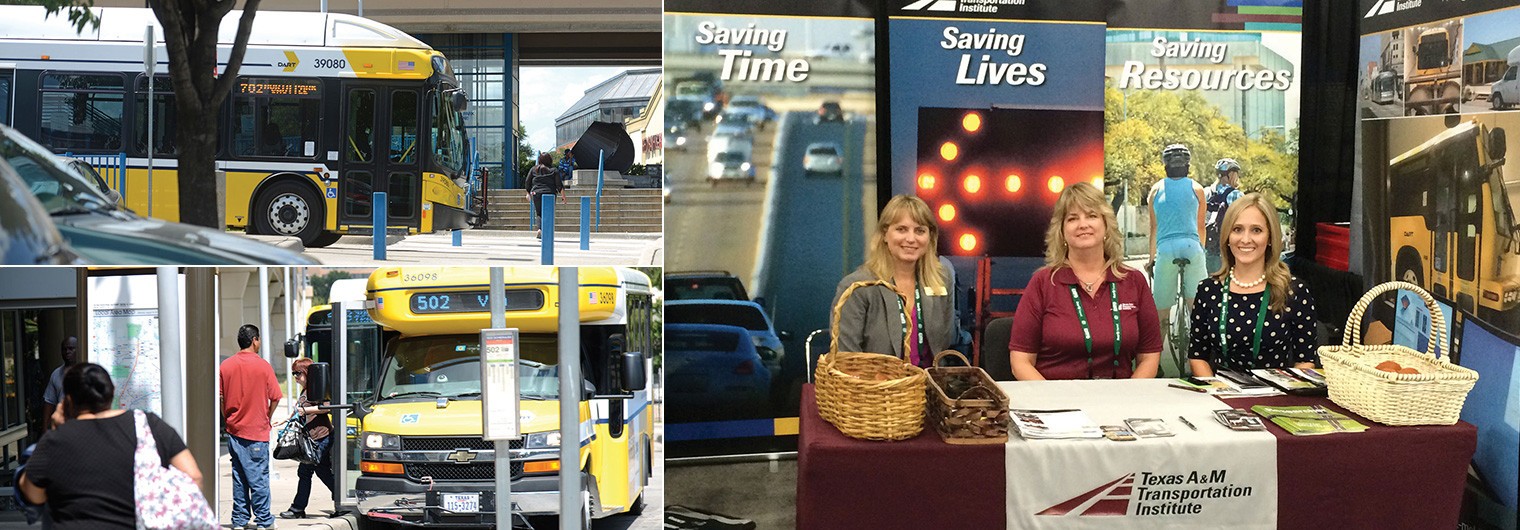 TTI employees staff the TTI booth set up during the APTA Annual Meeting along with DART public transit buses.