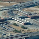 Aerial view of U.S.-Mexico border crossing station.