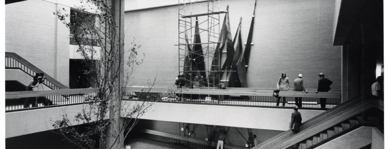 UNTA_U0458-035-013_01 The third Union being prepared for opening. The fiber sculpture “Tensile Ten” was in the process of being installed on the wall of the central courtyard. The artwork was the creation of artist Francoise Grossen.