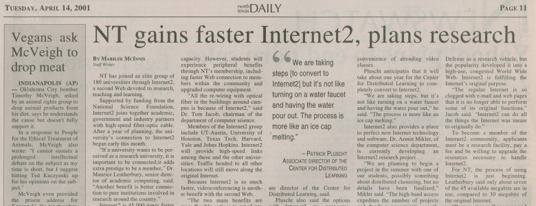 NT Gains Faster Internet2, UNT Daily, April 14, 2001