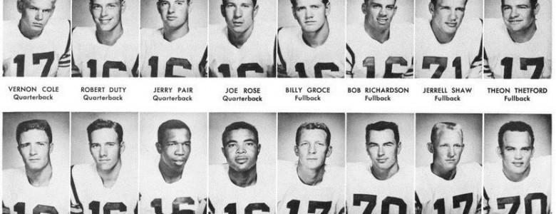 Picture of some of the NTSC football team members from the 1959 Yucca. King and Haynes can be seen in the middle of the bottom row.