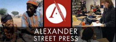 Alexander Street Press logo with photo of men in the desert and a woman teaching in a classroom