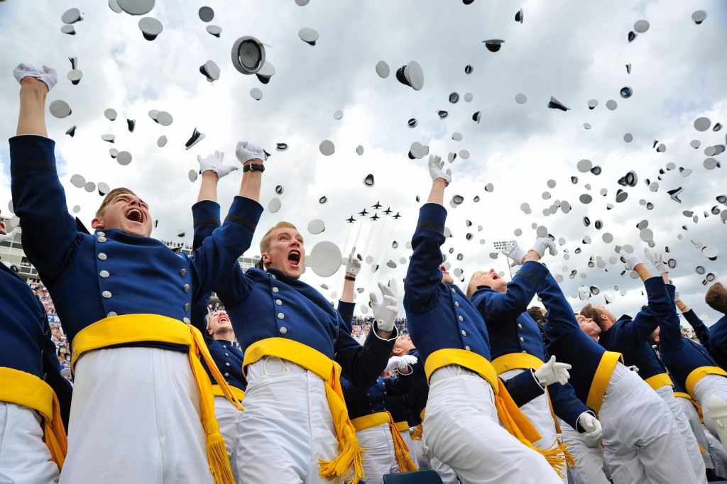 The U.S. Air Force Academy’s Class of 2015 tosses their hats in celebration as the Thunderbirds roar over Falcon Stadium in Colorado Springs, Colo., May 28, 2015. Over 800 cadets graduated and became second lieutenants. Secretary of the Air Force Deborah Lee James addressed the graduates during the ceremony. (U.S. Air Force photo/Liz Copan) 
