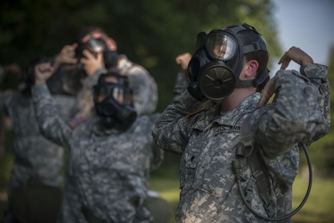 U.S. Army Reserve Soldiers of the 200th Military Police Command use the hand signal for gas during a notional chemical attack while conducting Army Warrior Tasks training at Laudrick Creek Military Reservation, Md., Sept. 10. The training, held during September&#39;s Battle Assembly, consisted of stations covering Chemical, Biological, Radiological, and Nuclear attack;  9-Line Medical Evacuation; search of a suspect; individual movement techniques and others. (U.S. Army Reserve photo by Staff Sgt. Shejal Pulivarti/released)