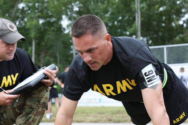 U.S. Army Sgt. 1st Class, Joshua Moeller, assigned to U.S. Army Reserve Command, participates in the push-up event during the U.S. Army 2016 Best Warrior Competition (BWC) at Fort A.P. Hill, Va., Sept. 26, 2016. The BWC is an annual four-day event that will test 20 individuals on their physical and mental capabilities. (U.S. Army photo by Spc. Michel&#39;le Stokes)