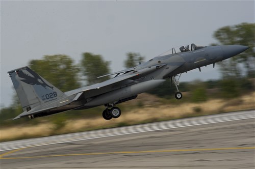 A California Air National Guard F-15C Eagle lands on the flightline at Graf Ignatievo, Bulgaria, Sept. 8, 2016. Four of the 194th Expeditionary Fighter Squadron’s F-15Cs will conduct joint NATO air policing missions with the Bulgarian air force to police the host nation’s sovereign airspace Sept. 9-16, 2016. The squadron forward deployed to Graf Ignatievo from Campia Turzii, Romania, where they serve on a theater security package deployment to Europe as a part of Operation Atlantic Resolve. (U.S. Air Force photo by Staff Sgt. Joe W. McFadden)