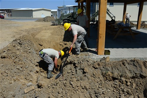 Airmen from the 118th Civil Engineer Squadron, Tennessee Air National Guard, install lightening protection at a pavilion Aug. 10, 2016, at Novo Selo Training Area, Bulgaria.  Tennessee National Guard Soldiers and Airmen were on rotations to complete thier portions of projects as part of Operation Resolute Castle 16, an ongoing operation of military construction to build up Eastern European base infrastructure and help strengthen ties between Tennessee's state partnership with Bulgaria. (U.S. Air National Guard photo by Master Sgt. Kendra M. Owenby, 134 ARW Public Affairs)