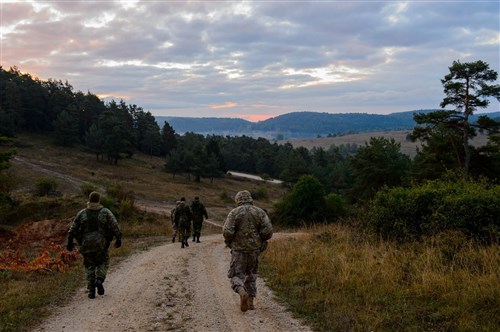 Soldiers from Canadian Armed Forces 1 Princess Patricia's Canadian Light Infantry Regiment and 1st Battalion, 503rd Infantry regiment, 173rd Airborne Brigade move to their assembly area in Hohenfels, Germany during Allied Spirit V, Oct. 5, 2016. Exercise Allied Spirit includes about 2,520 participants from eight NATO nations, and exercises tactical interoperability and tests secure communications within Alliance members and partner nations. (Canadian Army Photo courtesy of MCpl Jennifer Kusche)