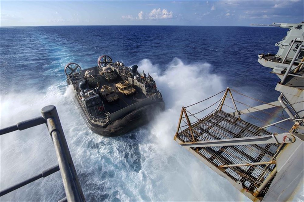 An air-cushion landing craft debarks the amphibious assault ship USS Wasp for drills in the Mediterranean Sea, Aug. 25, 2016. The Wasp is supporting maritime security operations and theater security cooperation efforts in the U.S. 6th Fleet area of operations. Navy photo by Petty Officer 2nd Class Nathan Wilkes 