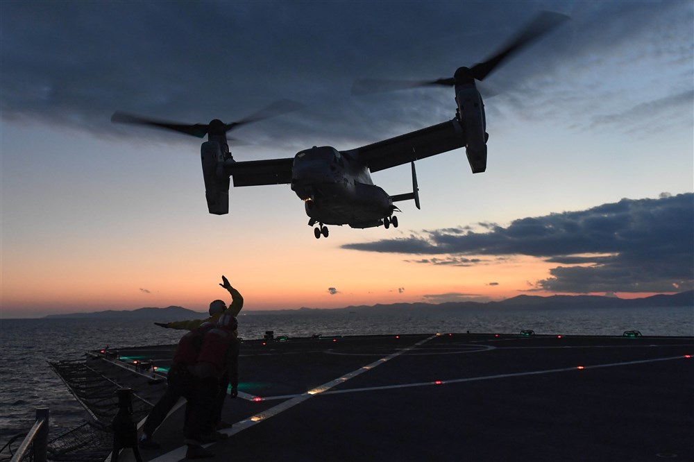 161009-N-JI086-297 - MEDITERRANEAN SEA (Oct. 9, 2016) Military Sealift Command sailors standby during a refueling of an MV-22B Osprey tiltrotor aircraft aboard the U.S. 6th Fleet command and control ship USS Mount Whitney (LCC 20) Oct. 9, 2016. Mount Whitney is underway conducting naval operations in the U.S. 6th Fleet area of operations to engage with key allies and partners in the region. (U.S. Navy photo by Seaman Ford Williams / Released)
