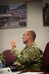 Brig. Gen. Chris Gentry, First Army’s Deputy Commanding General - Support, speaks during the New Command Team Orientation Brief at the U.S. Army Reserve&#39;s 85th Support Command headquarters in Arlington Heights, Ill., Oct. 15, 2016. Incoming First Army brigade command teams received briefs from 85th Support Command leaders on reserve-component processes and programs to help them support the readiness of Army Reserve battalions operationally controlled by First Army. 
(U.S. Army photo by Master Sgt. Anthony L. Taylor, First Army Public Affairs)
