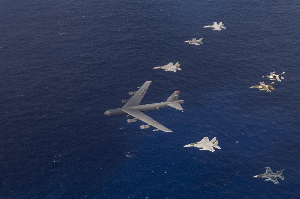 U.S. Air Force, Japan Air Self-Defense Force and Royal Australian Air Force aircraft fly in formation during exercise Cope North 15 Feb. 17, 2015, off the coast of Guam. During the exercise, the U.S., Japan and Australia air forces worked on developing combat capabilities enhancing air superiority, electronic warfare, air interdiction, tactical airlift and aerial refueling. (U.S. Air Force photo/Tech. Sgt. Jason Robertson)