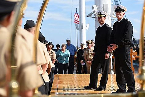 Master Chief Petty Officer of the Navy (MCPON) Steven Giordano, right, and Chief of Naval Operations (CNO) Adm. John Richardson speak with Sailors during an all hands call as part of their visit to USS Constitution.  The ship, nicknamed 'Old Ironsides', is the oldest commissioned ship in the Navy, and was Giordano's first visit as the 14th MCPON.  U.S. Navy photo by Mass Communication Specialist 1st Class Martin L. Carey (Released)  160908-N-OT964-153