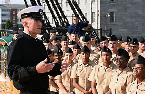 Master Chief Petty Officer of the Navy (MCPON) Steven Giordano speaks with Sailors during an all hands call as part of his visit to USS Constitution.  The ship, nicknamed 'Old Ironsides', is the oldest commissioned ship in the Navy, and was Giordano's first visit as the 14th MCPON. Chief of Naval Operations (CNO) Adm. John Richardson was also present with Giordano during the call.  U.S. Navy photo by Mass Communication Specialist 1st Class Martin L. Carey (Released)  160908-N-OT964-157