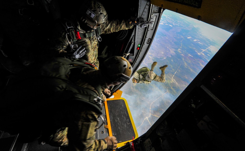 Special tactics Airmen from the 24th Special Operations Wing jump out of an MC-130H Combat Talon II at Hurlburt Field, Fla., Jan. 7, 2015. The Airmen were from various special tactics career fields, including special operations weathermen, combat controllers, pararescuemen and tactical air control parties. The 24th SOW’s mission is to provide special tactics forces for rapid global employment to enable airpower success. (U.S. Air Force photo/Senior Airman Christopher Callaway)