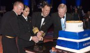 The most junior Sailor in the room joins Secretary of the Navy Ray Mabus, Chief of Naval Operations (CNO) Adm. John Richardson and Master Chief Petty Officer of the Navy (MCPON) Steven Giordano to cut birthday cake, honoring the Navy’s 241st birthday at the National Capital Region Navy Ball. (U.S. Navy photo by Chief Petty Officer Elliott Fabrizio/Released)