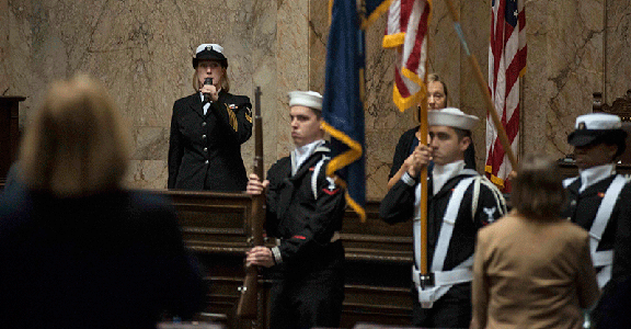 OLYMPIA, Wash. (Feb. 25, 2016) - Musician 1st Class Mallory McKendry, a Harrisonburg, Va., native stationed with Navy Band Northwest, sings "The Star-Spangled Banner" during the opening ceremony for Olympia Navy Day at the Washington State Legislative Building. The visit was arranged and coordinated through Commander, Navy Region Northwest's annual visit to the Capitol Campus with commanding officers and master chiefs from tenant commands throughout the region to meet with state officials for a continuing resolution with the U.S. Navy. (U.S. Navy photo by Mass Communication Specialist 2nd Class Cory Asato/Released)