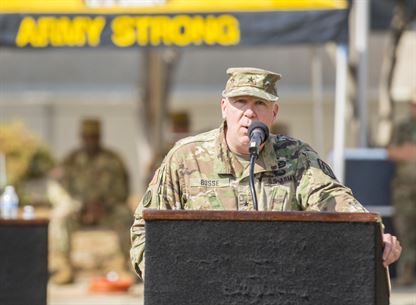 U.S. Army Reserve Brig. Gen. Peter A. Bosse, incoming commander of the 335th Signal Command (Theater), speaks to the assembled crowd after accepting command of the 335th at a ceremony at Fort McPherson, Ga., Oct. 15, 2016. (U.S. Army photo by Staff Sgt. Ken Scar)