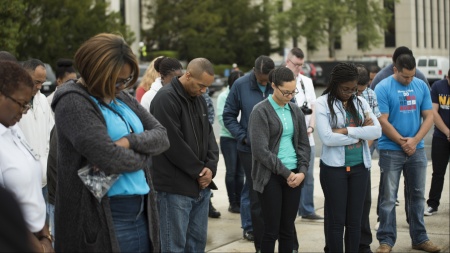 Sailors and civilians aboard Naval Support Activity Bethesda wear denim in observance of Denim Day April 27. The Denim Day campaign, which occurs on a Wednesday in April, was originally triggered by a ruling by the Italian Supreme Court and is in support of Sexual Assault Awareness and Prevention Month. (U.S. Navy photo by Mass Communication Specialist Seaman William Phillips/Released)