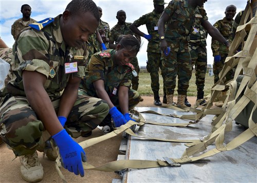 Nigerien Sgt. Mahamane Souleymane and Ghanian Army Capt. Selorm Mensah, secure a pallet during African Partnership Flight in Accra, Ghana, Sept. 14, 2016. AFP Ghana course topics included deployment command and control; airfield standup and operations; airbase logistical support; airbase defense; C-130 tactics, techniques and procedures; and aerial patient movement. (U.S. Air Force Staff Sgt. Stephanie Longoria/Released)