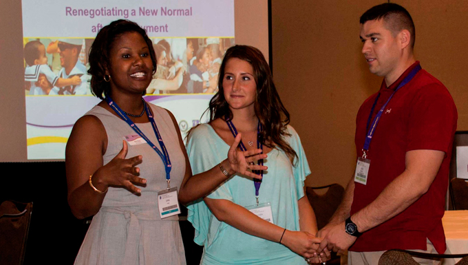Erin T. King (left) leads Staff St. Chalcea Maggs (center) and Master Sgt. Alex Murray in a communication exercise July 25, 2015, at an Air Force Reserve Yellow Ribbon Reintegration Program event in Orlando, Florida. 