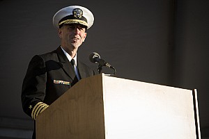 Chief of Naval Operations (CNO) Adm. John Richardson delivers remarks during the commissioning ceremony for the Navy's newest and most technologically advanced warship, USS Zumwalt (DDG 1000).