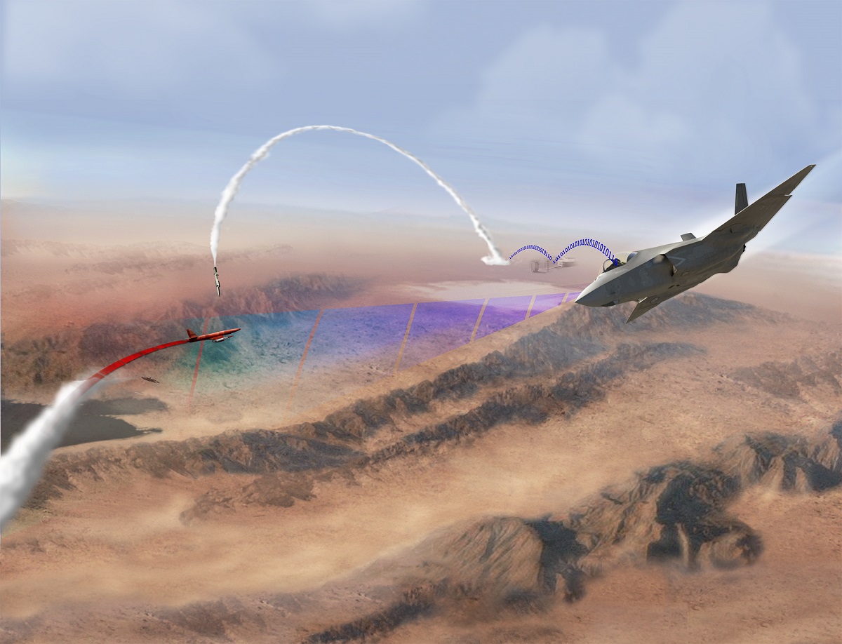 WASHINGTON, D.C. (Sept. 13, 2016) This graphic illustration depicts the U.S. Navy's first live fire demonstration to successfully test the integration of the F-35 with existing Naval Integrated Fire Control-Counter Air (NIFC-CA) architecture. During the test at White Sands Missile Range, New Mexico, Sept. 12, an unmodified U.S. Marine Corps F-35B acted as an elevated sensor to detect an over-the-horizon threat. The aircraft then sent data through its Multi-Function Advanced Data Link to a ground station connected to USS Desert Ship (LLS 1), a land-based launch facility designed to simulate a ship at sea. Using the latest Aegis Weapon System Baseline 9.C1 and a Standard Missile 6, the system successfully detected and engaged the target. U.S. Navy graphic illustration courtesy of Lockheed Martin/Released 