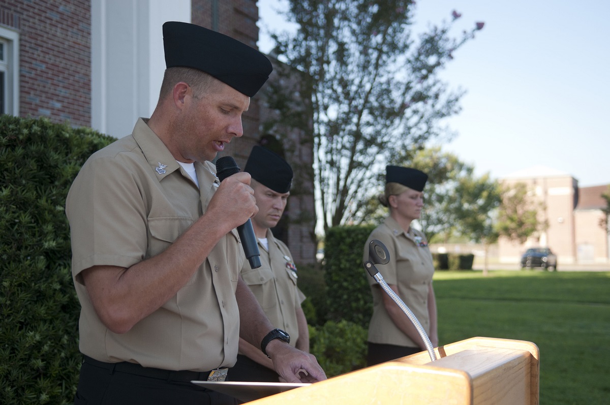 PENSACOLA, Fla. (Sept. 9, 2016) Chief (select) Cryptologic Technician (Technical) Jeremy Wilson speaks during a Sept. 11 remembrance ceremony at Naval Air Station Pensacola's Corry Station.  U.S. Navy photo by Mass Communication Specialist 3rd Class Taylor L. Jackson/Released 