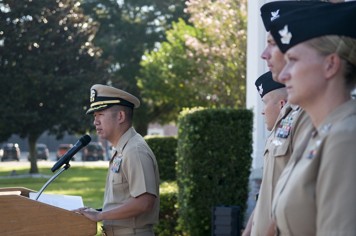 PENSACOLA, Fla. (Sept. 9, 2016) Cmdr. Christopher Eng, commanding officer, Information Warfare Training Command Corry Station, speaks during a Sept. 11 remembrance ceremony at Naval Air Station Pensacola's Corry Station.  U.S. Navy photo by Mass Communication Specialist 3rd Class Taylor L. Jackson/Released 