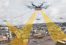 Image Caption: An artist’s concept shows elements of a notional Aerial Dragnet system: Several UASs carrying sensors form a network that provides wide-area surveillance of all low-flying UAS in an urban setting.