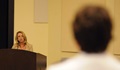 Secretary of the Air Force Deborah Lee James listens to a question from Lt. Col. Lisa Bader, the U.S. Air Forces in Europe – Air Forces Africa behavioral health consultant, during the Suicide Prevention Summit at Joint Base Andrews, Md., Sept. 24, 2015. James spoke and listened to questions from the attendees after her speech. (Air Force photo by Staff Sgt. Whitney Stanfield)