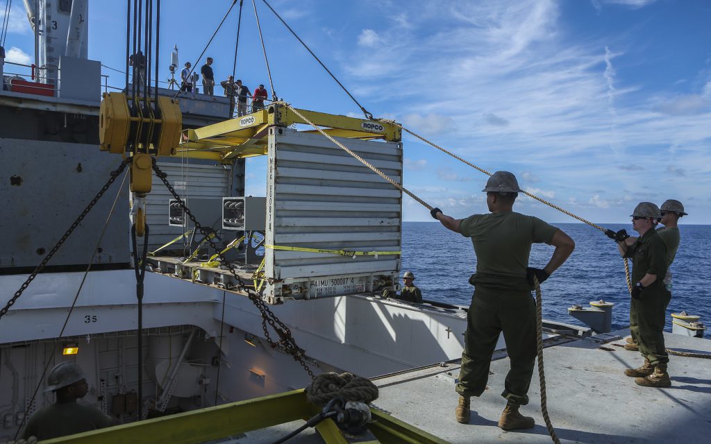 U.S. Marines with 2nd Marine Logistics Group and Marine Aircraft Logistics Squadron 29 conduct crane operations during exercise Bold Alligator 16 while aboard the SS Wright (T-AVB 3) in the Atlantic Ocean, Aug. 11, 2016. U.S. Marine Corps photo by Lance Cpl. Tyler W. Stewart/Released 