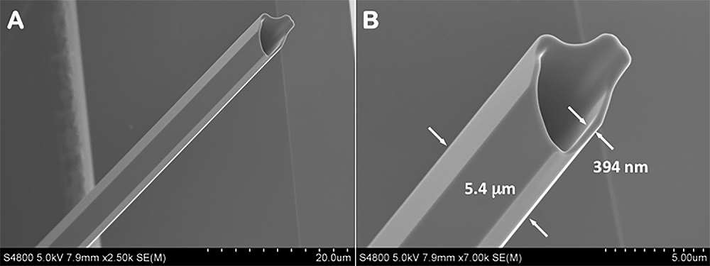 These potassium diphosphate (KDP) crystals, which self-assemble in solution as hollow hexagonal rods, could find use in laser technology, particularly for fiber-optic communications. The scanning-electron image at right shows a crystal at higher resolution with scale added. Photo credit: L. Deng/NIST