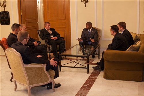 Brigadier Gen. Bruce Crawford meets with members of the Baltic and Ukrainian delegations March 27, 2014, to discuss cyber defense topics at the Combined Endeavor Main Planning Conference in Sofia, Bulgaria. General Crawford and attending delegates discussed how the investment in Combined Endeavor over the past 20 years could add value back to today’s operations as we continue to plan for tomorrow’s challenges. 