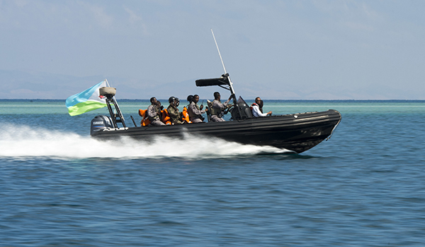 A Djibouti navy and coast guard boarding vessel returns to port after completing a visit, board, search and seizure exercise scenario during Exercise Cutlass Express 2015 in Djibouti, Feb. 2, 2015, which is sponsored by U.S. Africa Command. Air Force photo by Staff Sgt. Carlin Leslie
